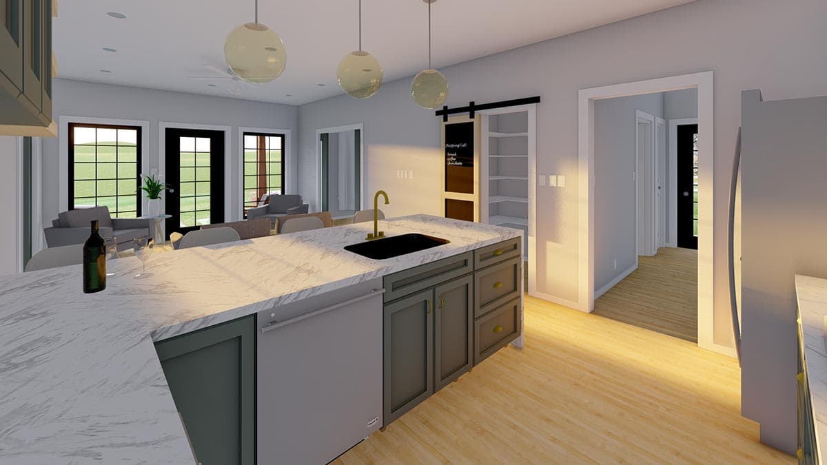Interior rendering of open-concept living area with kitchen island, pantry, and connecting rooms.