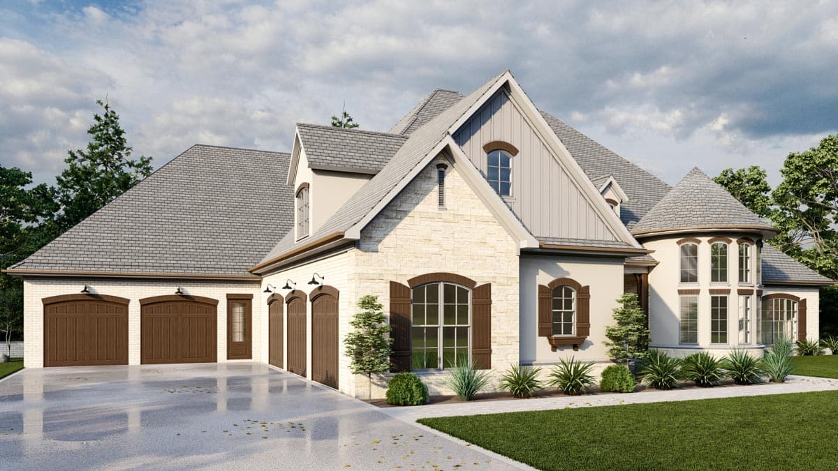 House plan exterior shows a two-story home with a five-car garage, stone accents, gables, dormers, and a turret.