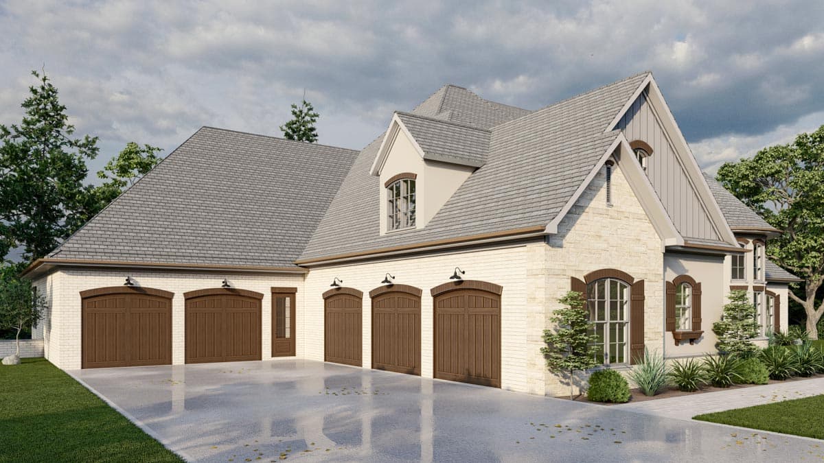 House plan exterior featuring a multi-car garage with arched wood doors, dormers, and stone and brick facade.