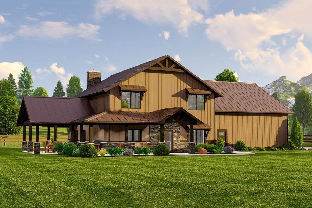 House plan exterior featuring a two-story design with a covered porch, gabled roof, and stone accents.