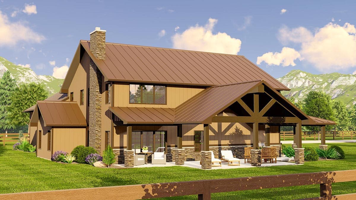 Modern Farmhouse house plan exterior with stone chimney, gabled rooflines, exposed beams on covered porch, and metal roof.