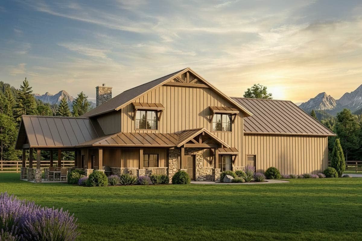 House plan exterior featuring a two-story design with a covered porch, gabled roof, and stone accents.