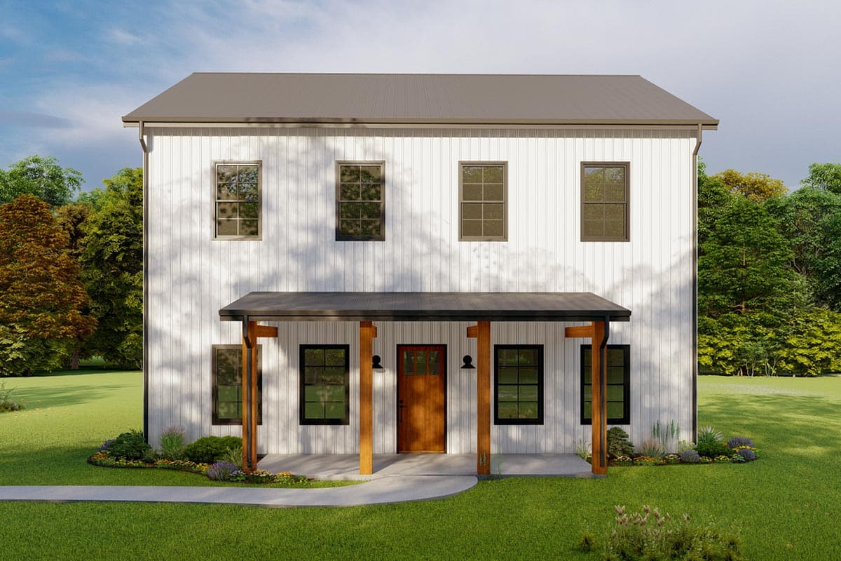 Modern Farmhouse style house plan exterior, two stories, white vertical siding, gabled roof, and covered front porch with wooden posts.