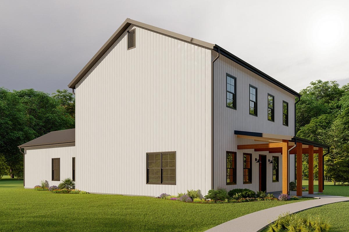 House plan exterior: Modern Farmhouse style, two stories, gable roof, vertical siding, and covered porch with wooden posts.