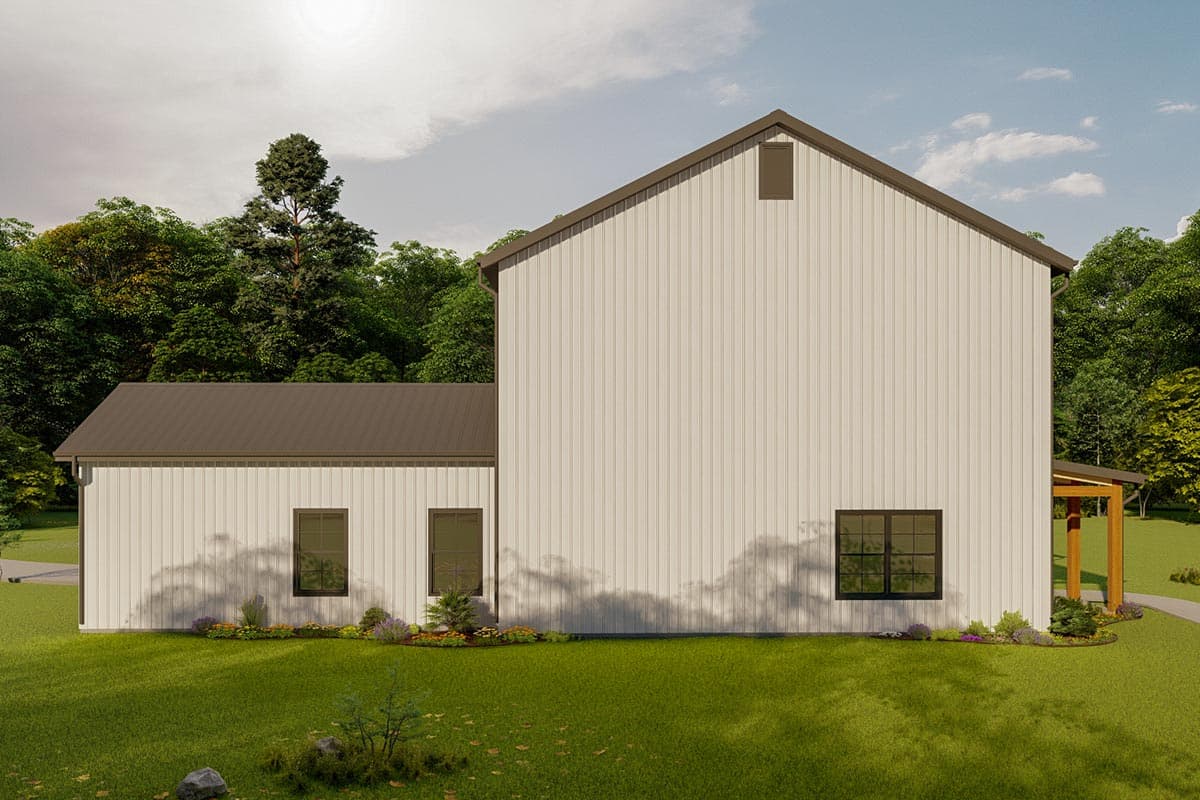 House plan exterior: Modern farmhouse style, two stories, gable roof, vertical siding, and covered porch.