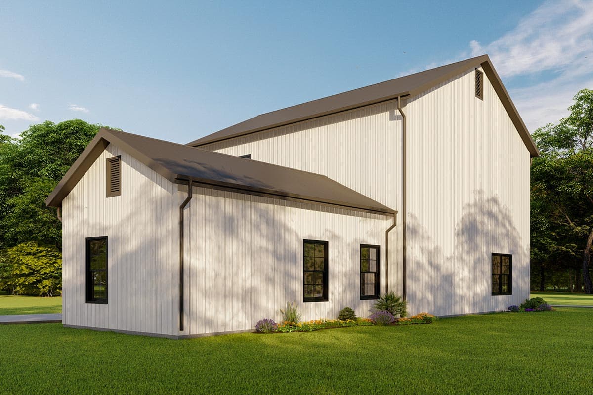 Modern farmhouse house plan exterior with vertical siding, intersecting gables, and dark-framed windows.