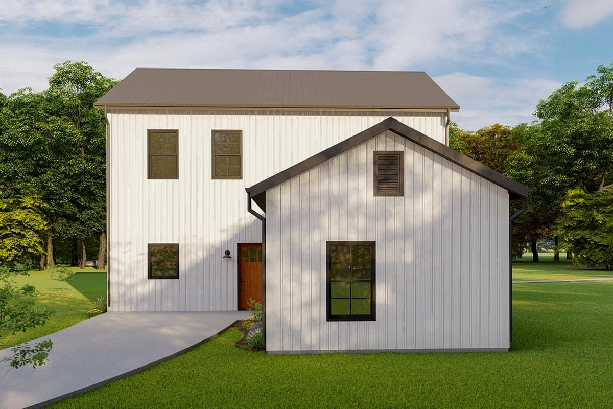 Modern farmhouse exterior with vertical siding, metal roof, gabled section, and wood door.