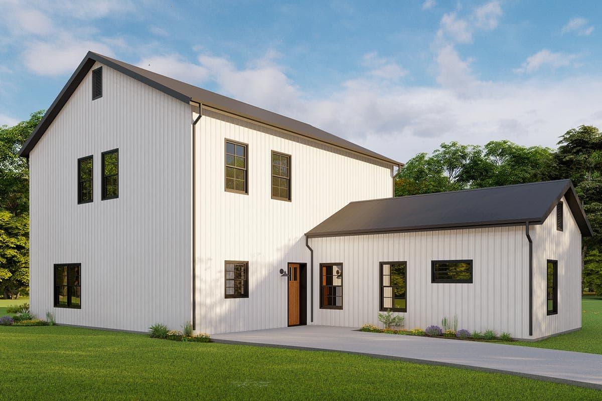 Modern Farmhouse house plan exterior, two stories, white board-and-batten siding, black metal roof, prominent gable, and attached single-story wing.