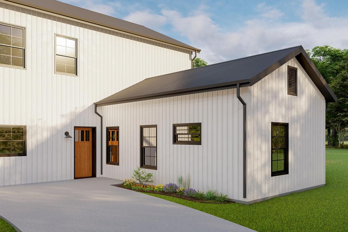 House plan exterior: two-story white vertical siding, dark metal roof, wood door, and multiple windows.