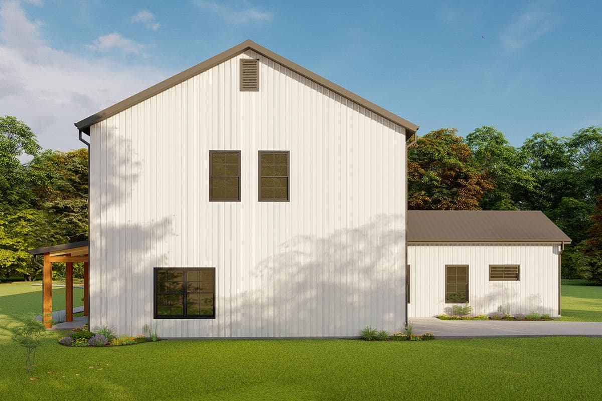 Modern Farmhouse house plan exterior, two stories, white vertical siding, gable roof, two dormer windows, and covered porch.