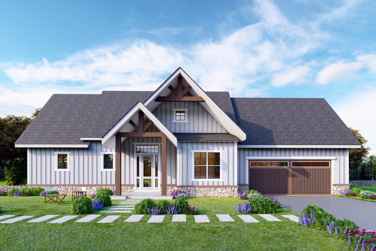House plan exterior. Two-story Modern Farmhouse with gable roof, exposed timber framing on front porch, and attached garage.