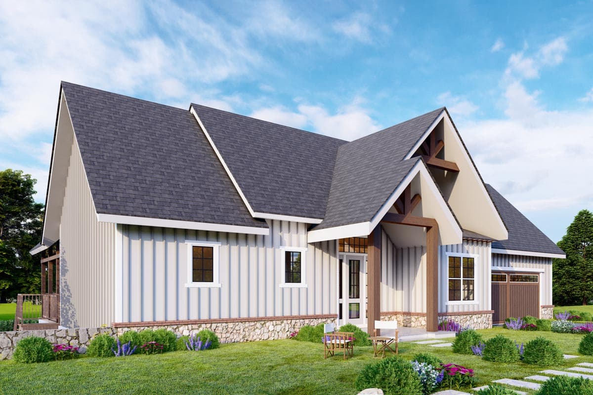 House plan exterior: Modern Farmhouse style, one story, with board and batten siding, stone foundation, prominent gables, and covered entry.