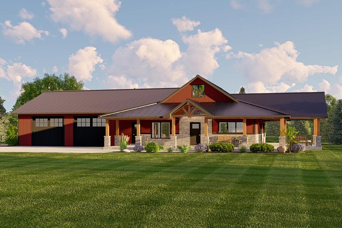 House plan exterior. Ranch style with a gabled roof and covered porch. Features include stone accents, and a garage with a metal roof.