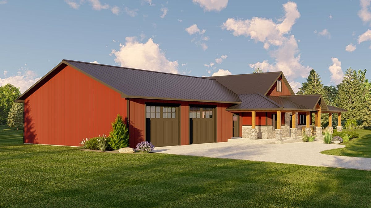 House plan exterior: Modern Farmhouse style, two stories, red siding, metal roof, covered porch with stone accents, two-car garage.