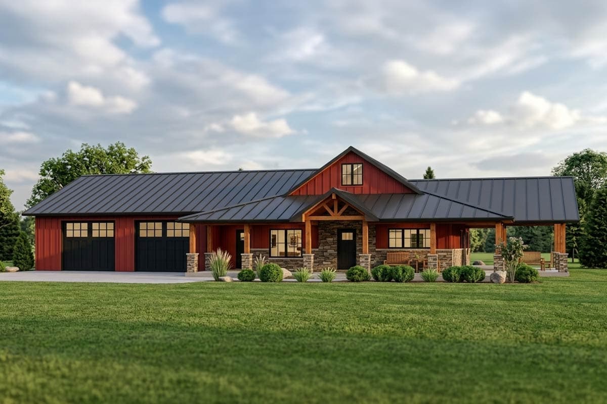 House plan exterior. Ranch style with a gabled roof and covered porch. Features include stone accents, and a garage with a metal roof.