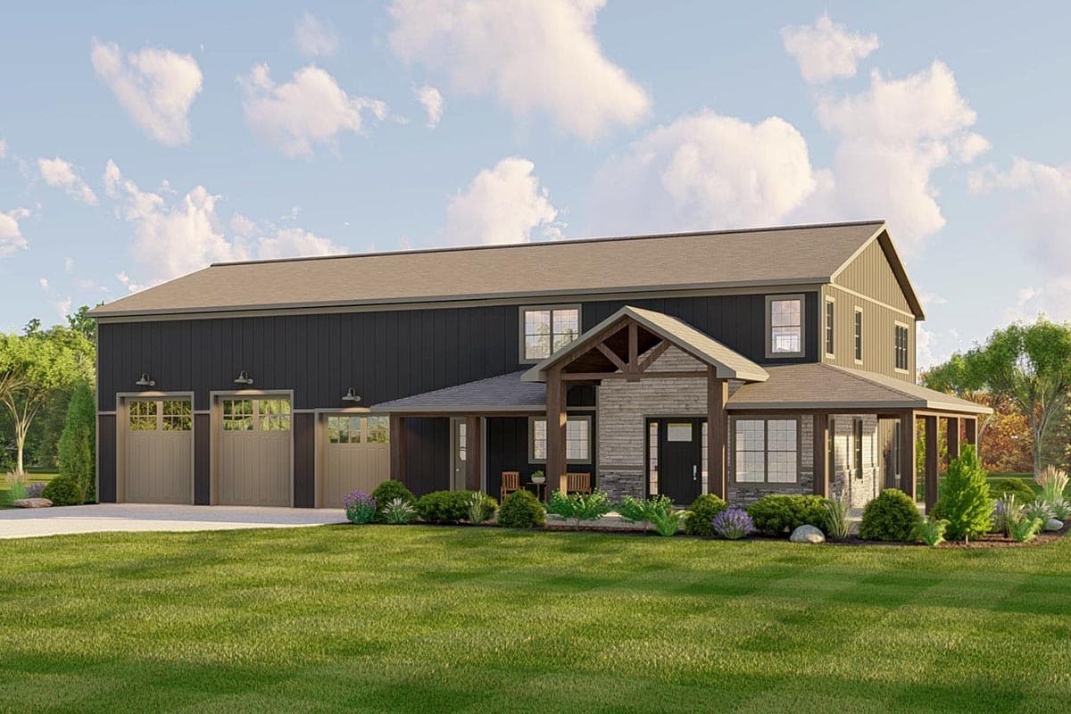 House plan exterior. Two-story, Modern Farmhouse style with a gable roof, covered porch, and three-car garage. Stone and wood accents.