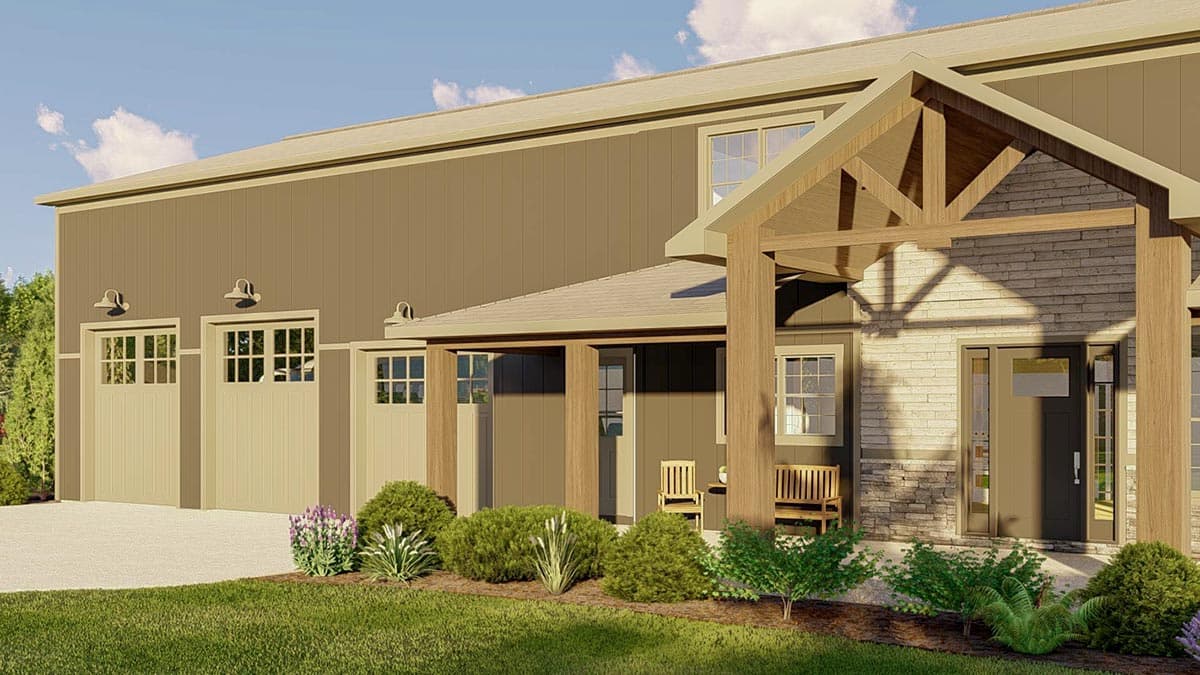House plan exterior showing a modern farmhouse style with a prominent timber-framed covered porch, multiple garage doors, and stone accents.