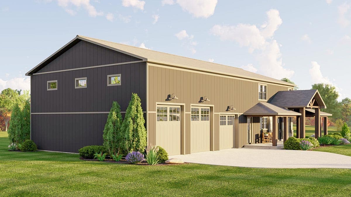 House plan exterior with a dark gray vertical siding, beige garage doors, and covered entry with exposed wooden beams.