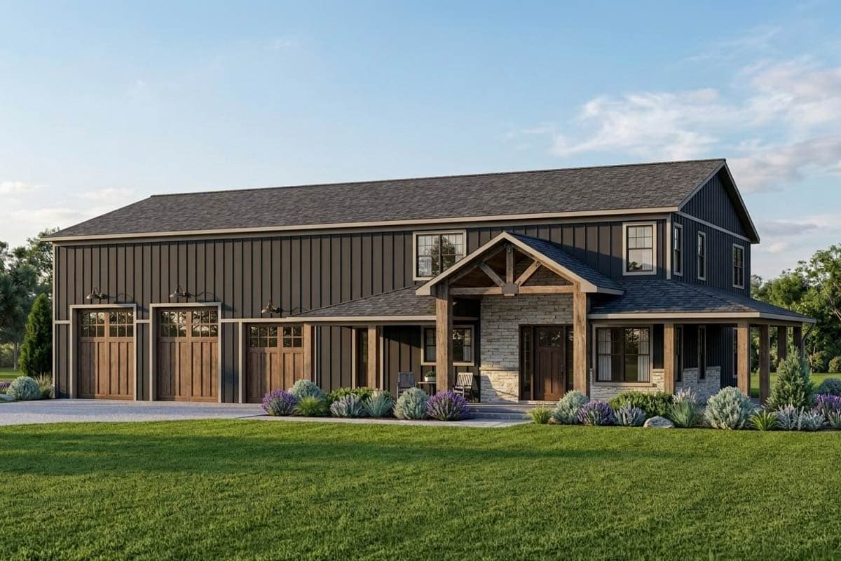 House plan exterior showing a modern farmhouse style with a prominent timber-framed covered porch, multiple garage doors, and stone accents.
