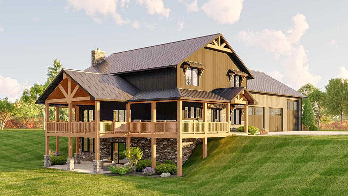 House plan exterior: Modern farmhouse style with a wraparound deck, stone foundation, prominent gables, and attached multi-car garage.