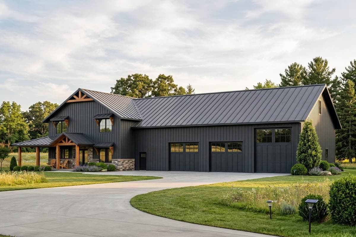 House plan exterior with two stories, a metal roof, and a covered porch. Features include a three-car garage and gables.