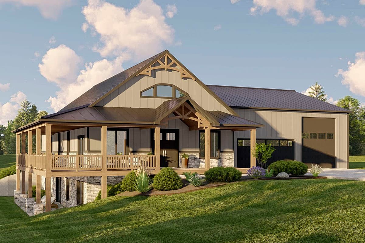 House plan exterior with a wrap-around porch, metal roof, gabled dormer, and attached garage.