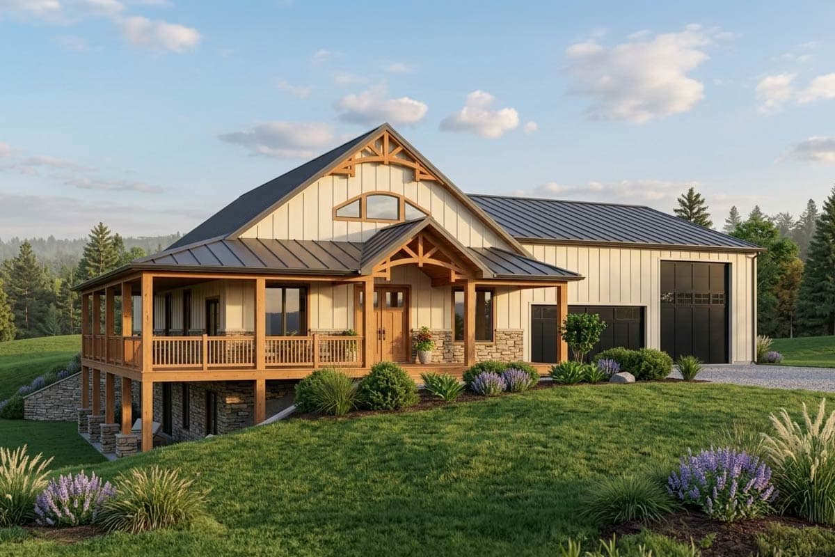 House plan exterior with Craftsman style elements. Features include a covered porch, multiple gables, and a two-car garage. Metal roof is visible.