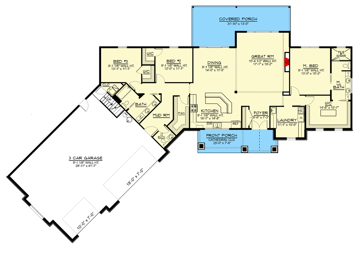 Plan 135174GRA: Mountain Ranch Plan with Loft above Angled Garage - 2262 Sq Ft - Floor Plan - Main Level - Country, Craftsman, Mountain, Ranch, Rustic