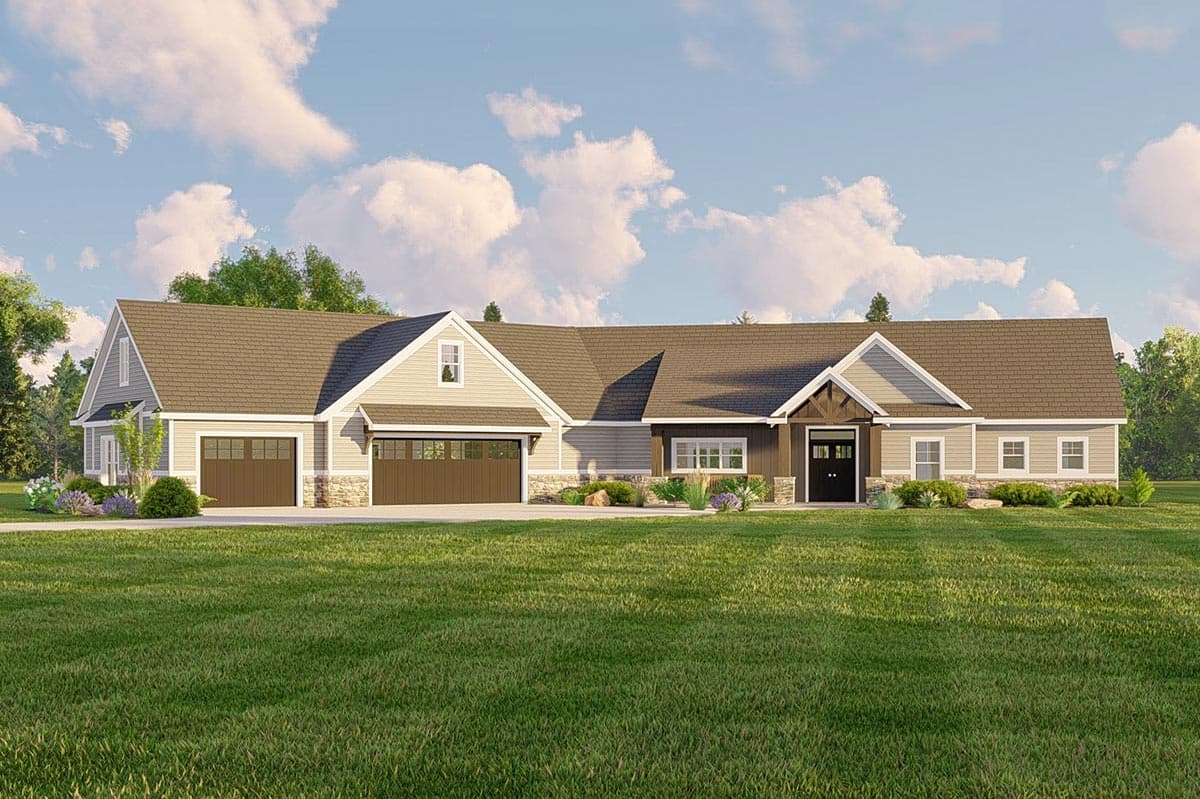 House plan exterior featuring a Ranch style with a two-car garage, multiple gables, and stone accents at the foundation.