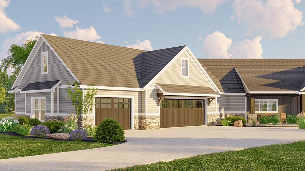 House plan exterior with a two-car garage, gables, dormers, siding, and stone accents.