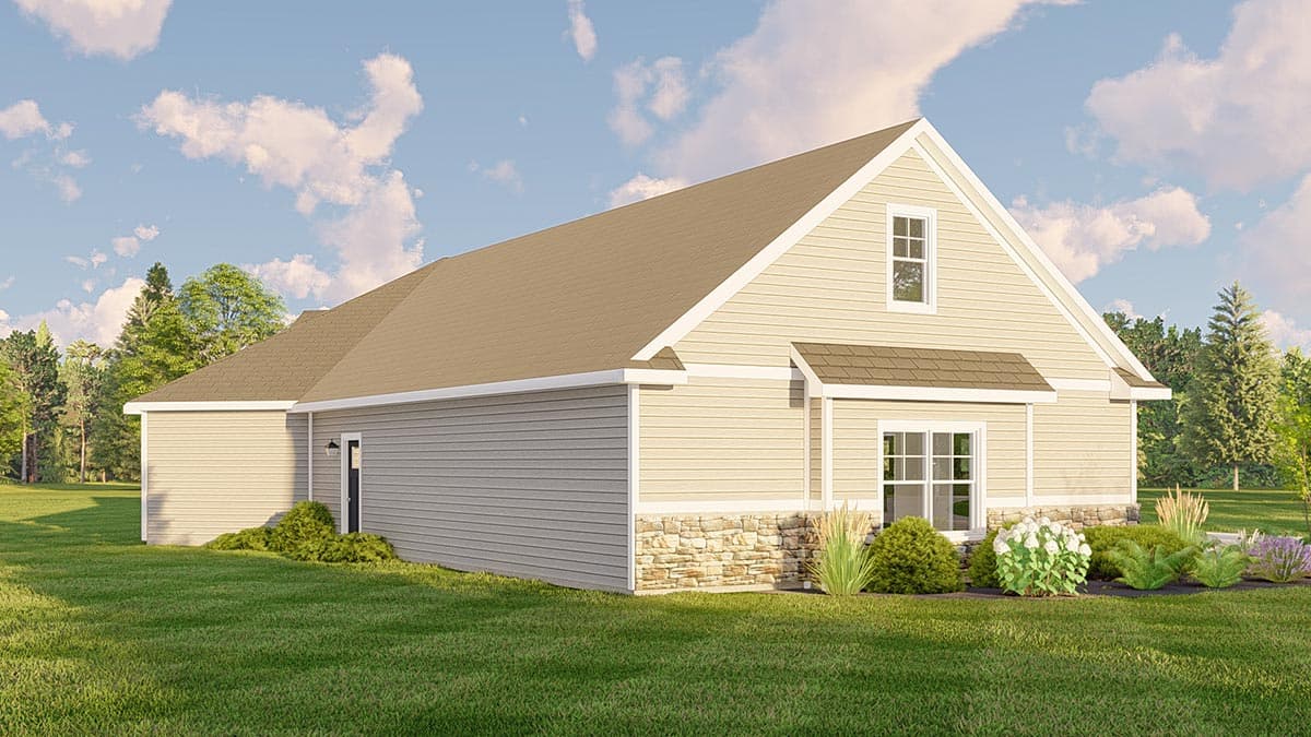 House plan exterior: One-story modern farmhouse with gabled roof, dormer, stone base, and vinyl siding.