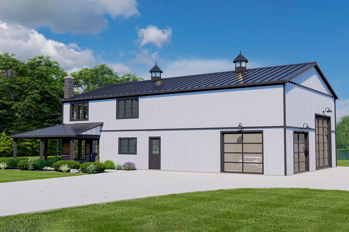 Two-story house plan exterior with metal roof, gables, covered porch, stone chimney, and two garage doors with glass panels.