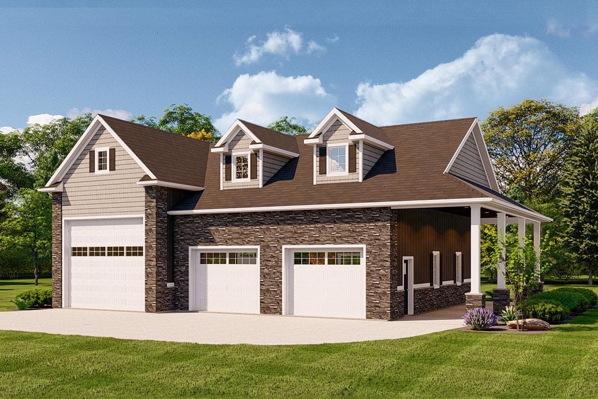 House plan exterior. Two-story garage with stone veneer, gabled dormers, and a covered porch. Features three garage doors.