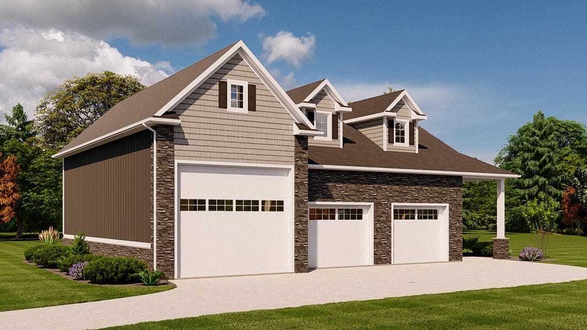 House plan exterior features a multi-level roof, stone and shingle siding, dormers, and a three-car garage.