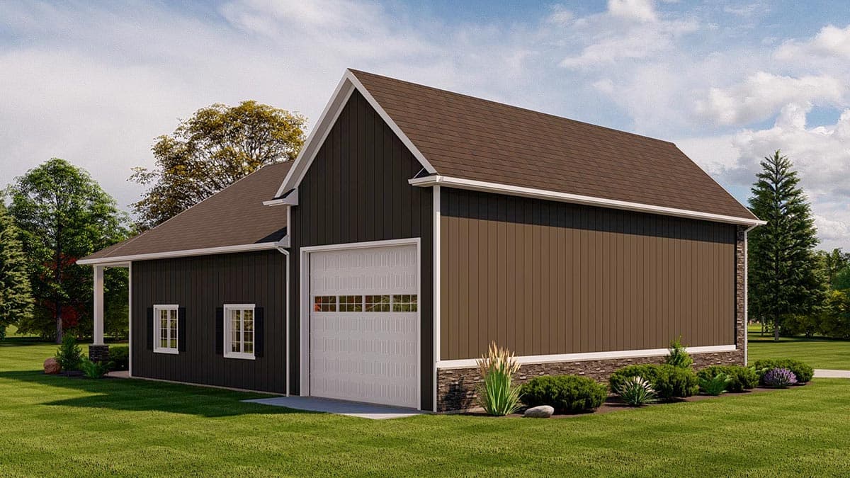 House plan exterior, modern farmhouse style, two stories, with a detached garage, gables, and stone skirting.