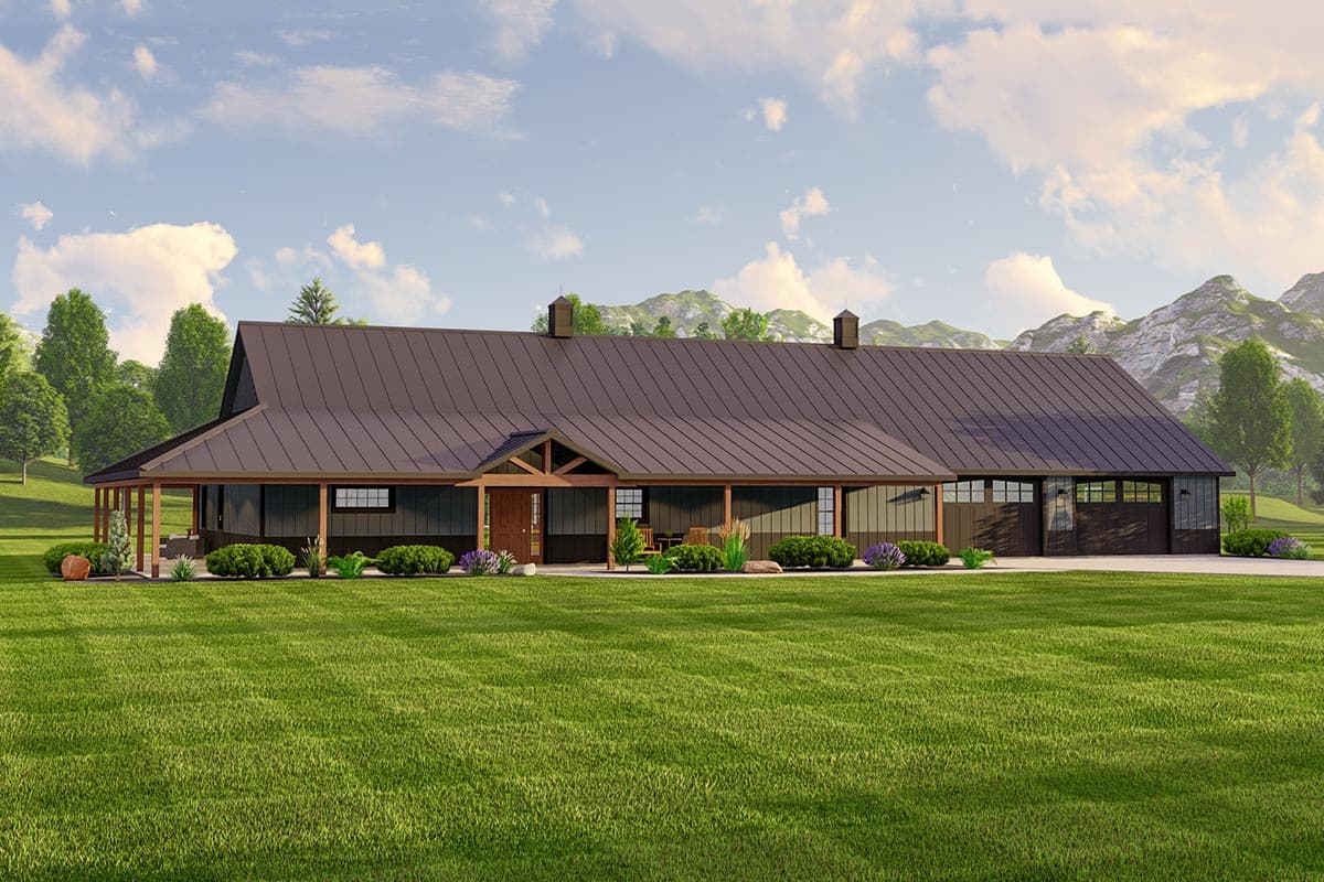 House plan exterior with a single story, wraparound porch, shed roof, and two-car garage. Featuring a board-and-batten facade.