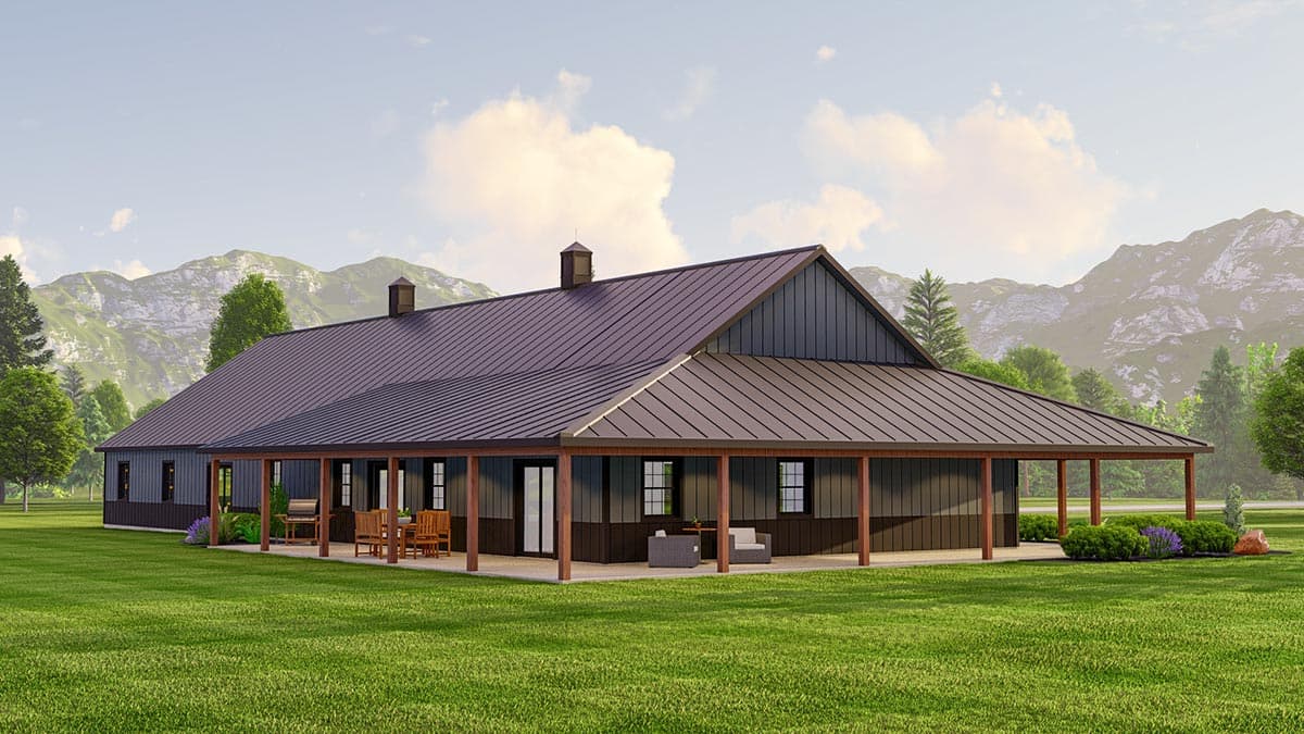 House plan exterior rendering of a one-story Modern Farmhouse with a wraparound porch, dark siding, and a prominent metal roof with dormer vents.