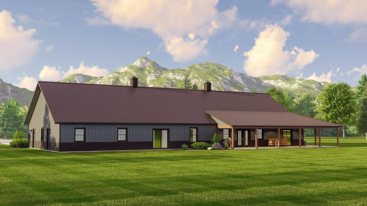 House plan exterior: Ranch style, single story with a prominent metal roof, covered porch, and two chimneys.