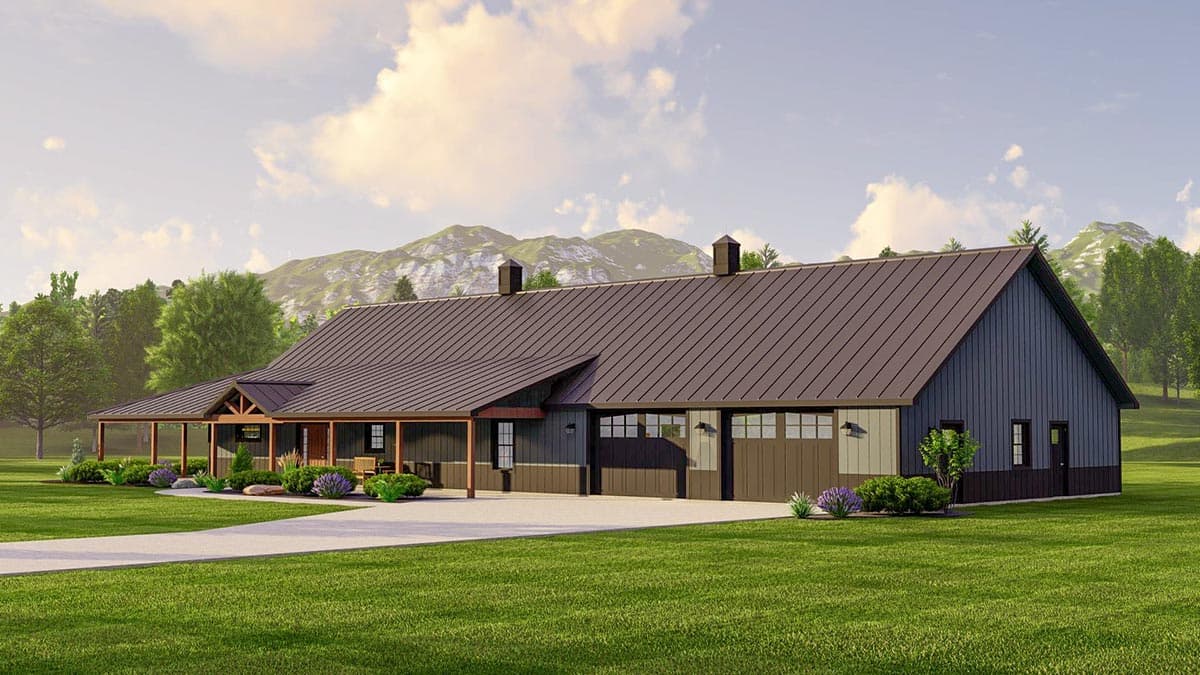 Ranch house plan exterior with a wraparound porch, metal roof, and attached three-car garage with gable vents.