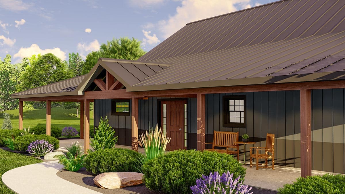 House plan exterior: One-story modern farmhouse with wrap-around porch, metal roof, and exposed wooden beams.