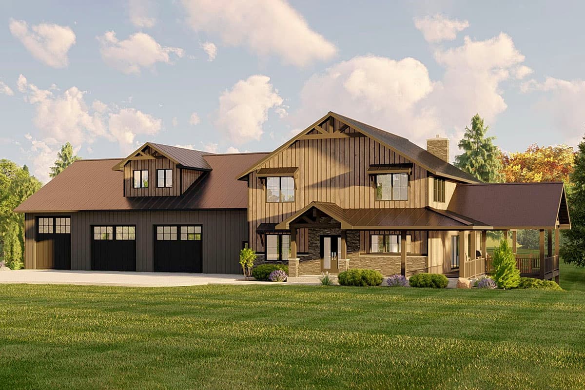 House plan exterior. Two-story Modern Farmhouse with gables, dormers, a covered porch, and a three-car garage.