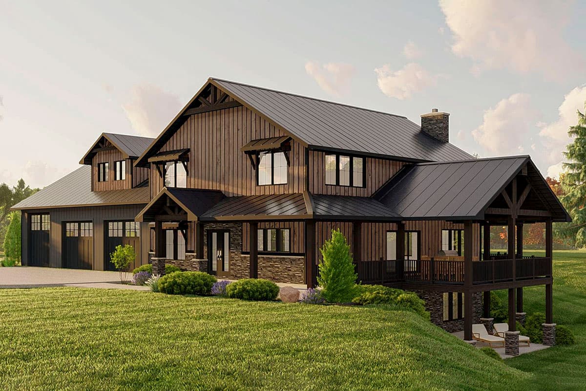 Modern Farmhouse house plan exterior with vertical siding, metal roof, covered porch, and attached three-car garage.