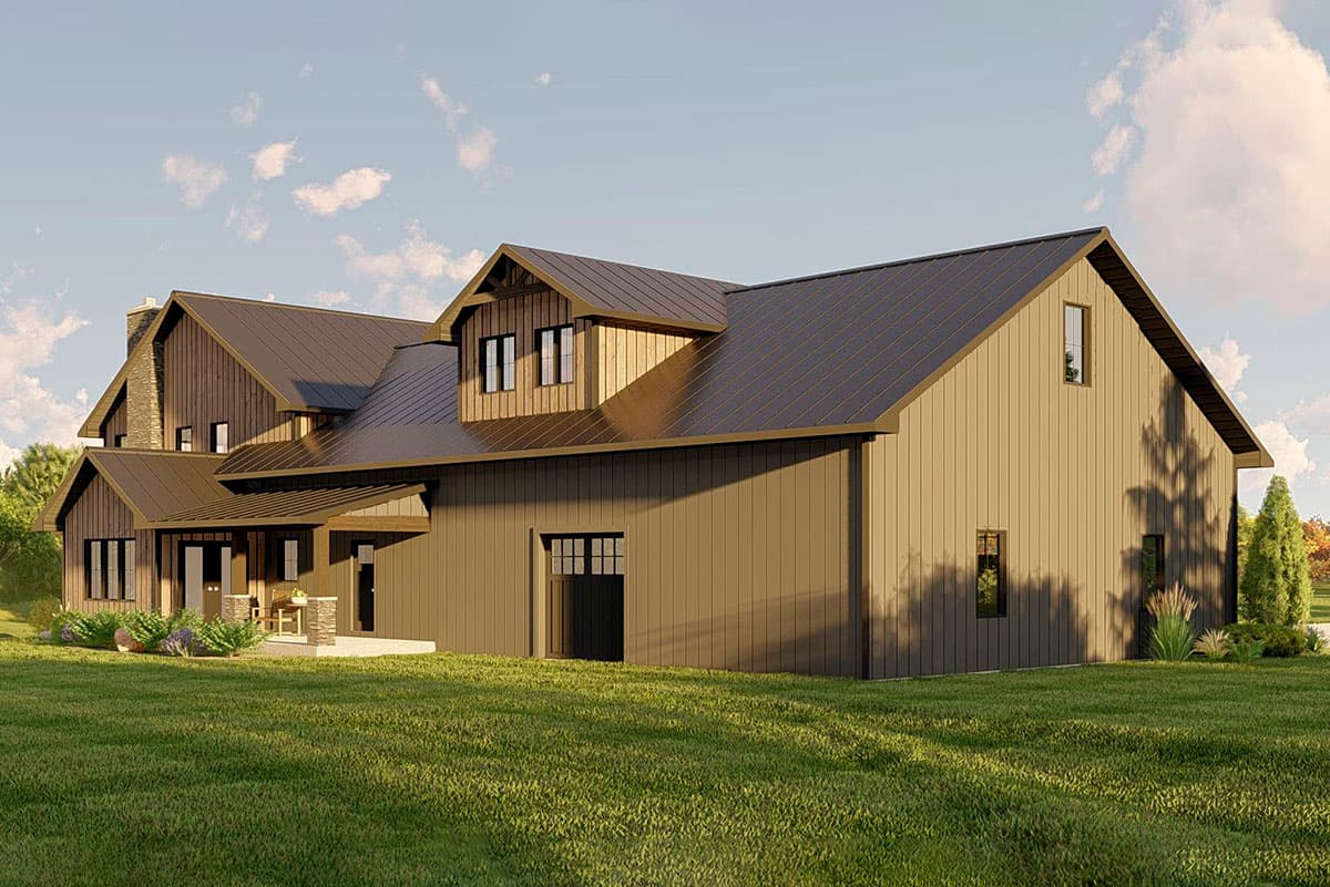 Modern farmhouse house plan exterior with gabled dormers, a covered porch, and a metal roof.