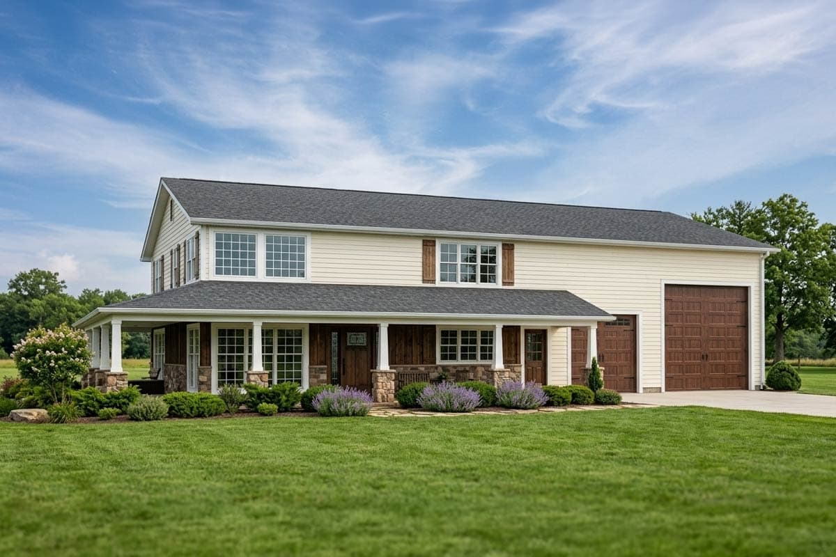 Two-story house plan exterior featuring a front porch with columns, a detached garage, and a gable roof.