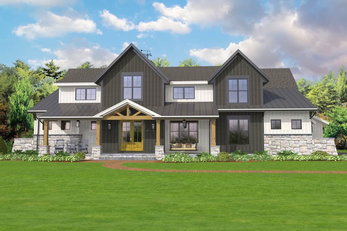 House plan exterior. Modern Farmhouse style, two stories. Features include a covered porch with exposed beams, gabled rooflines, and stone accents.