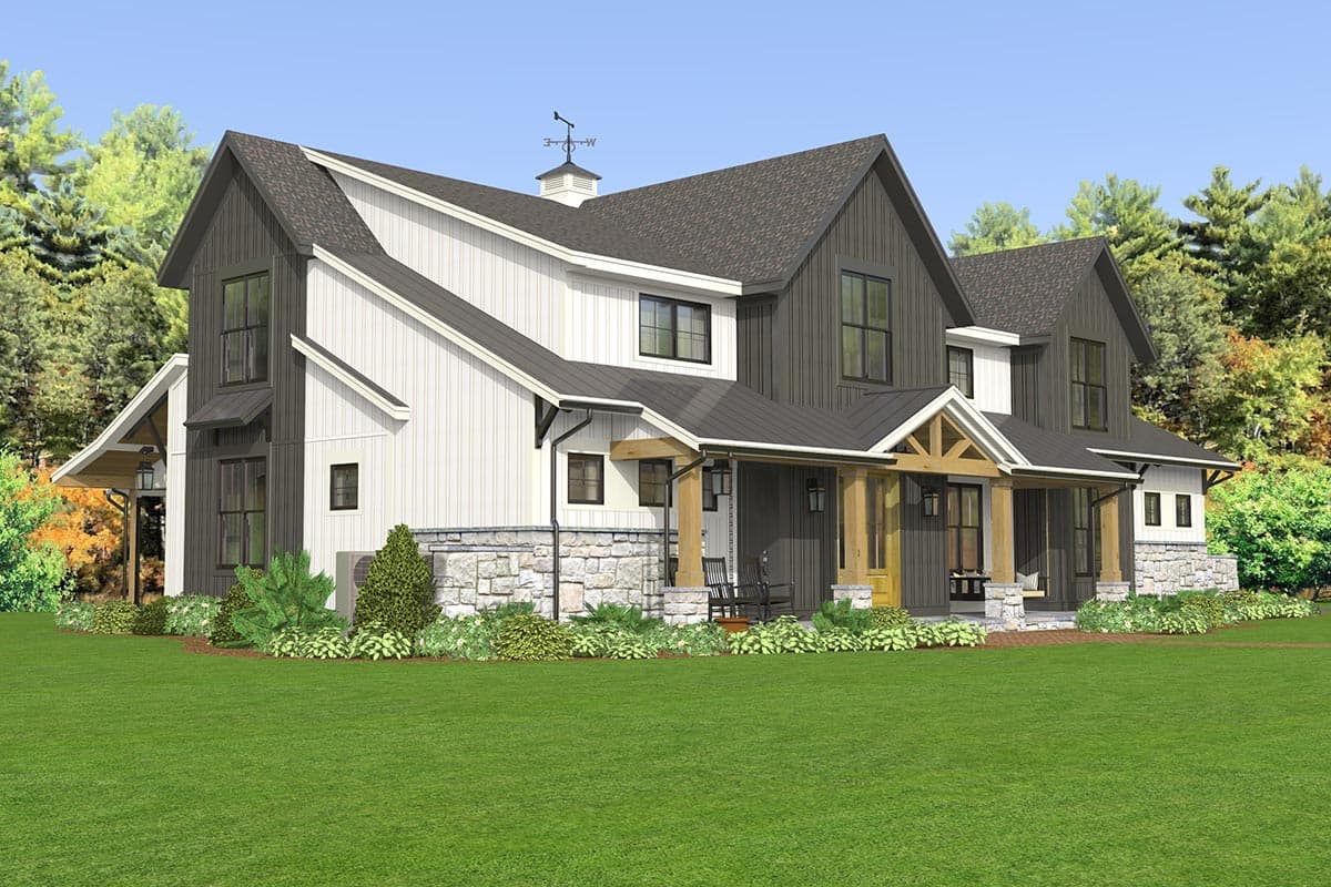 Modern Farmhouse house plan exterior with stone foundation, multiple gables, and covered front porch with wood beams.