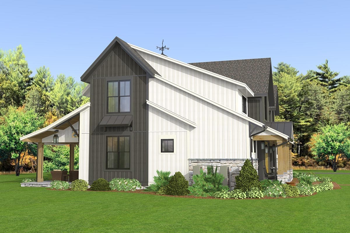 Modern Farmhouse house plan exterior with board and batten siding, gables, covered porch, and stone foundation.