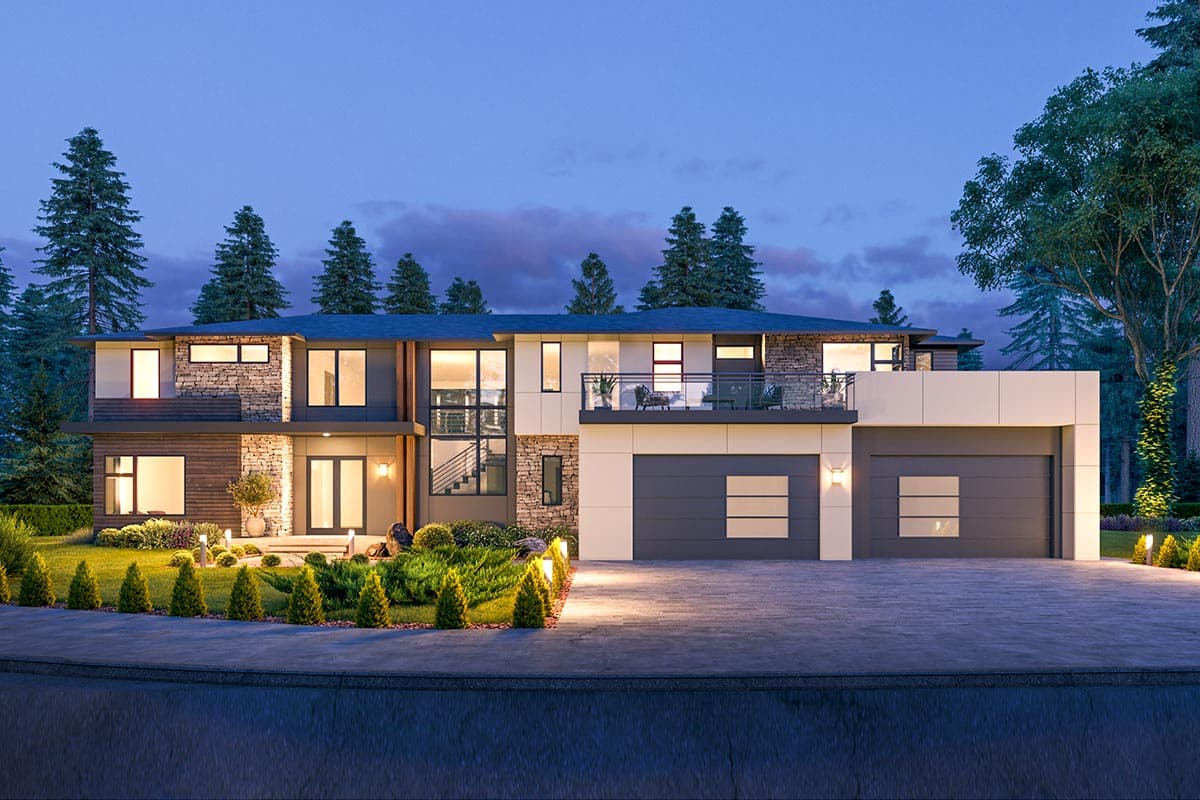 House plan exterior. Two-story modern style with flat roof, stone and wood siding, and attached garage. Includes balcony and large windows.