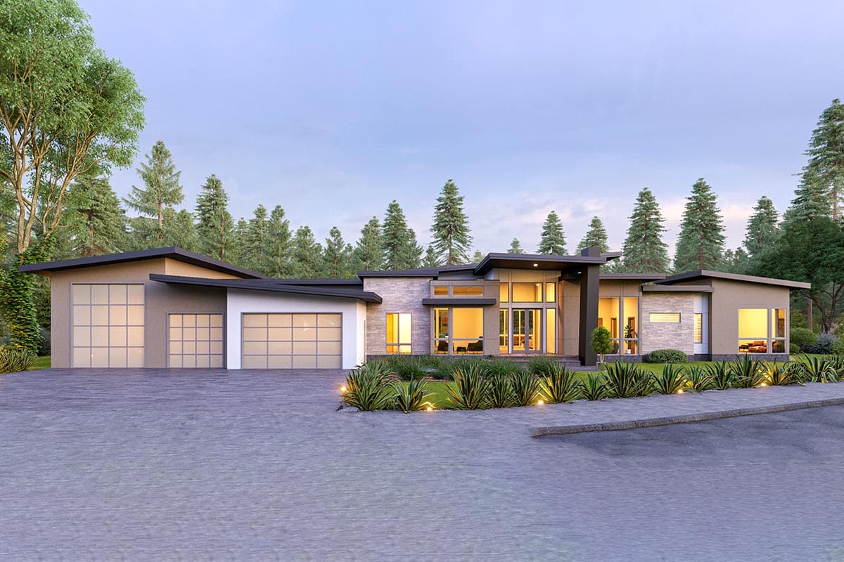 Modern house plan exterior with flat roof, clerestory windows, and a two-car garage. Single story with an open floor plan.