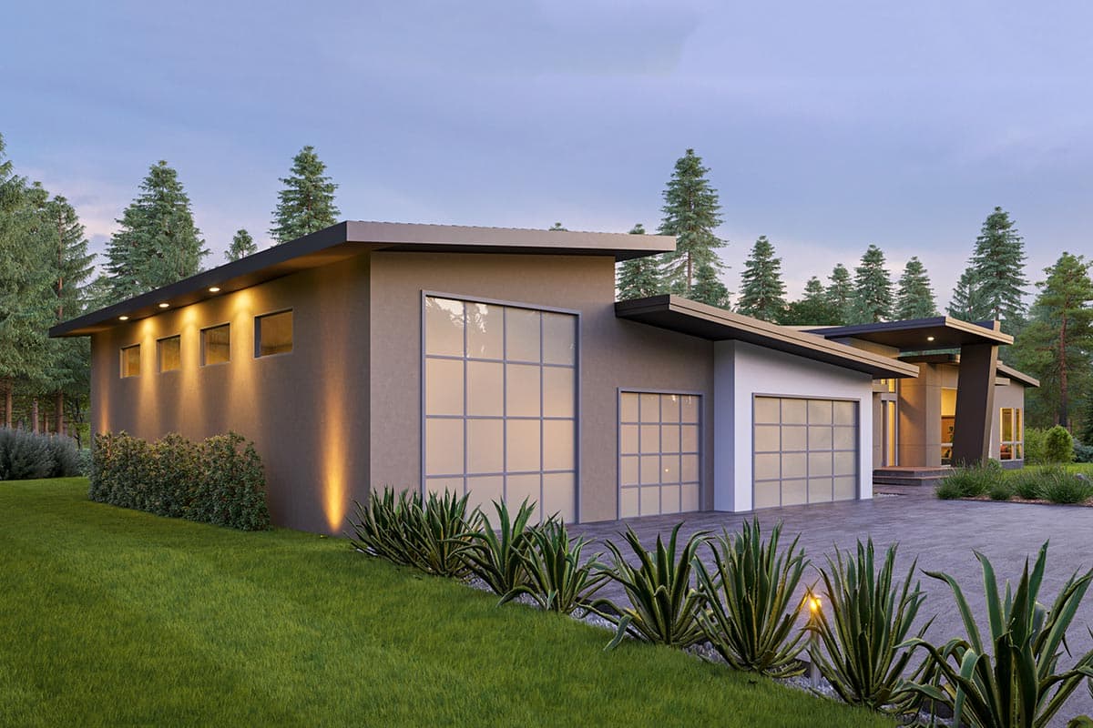 Modern single-story house plan exterior with flat rooflines, large grid windows, and a three-car garage.